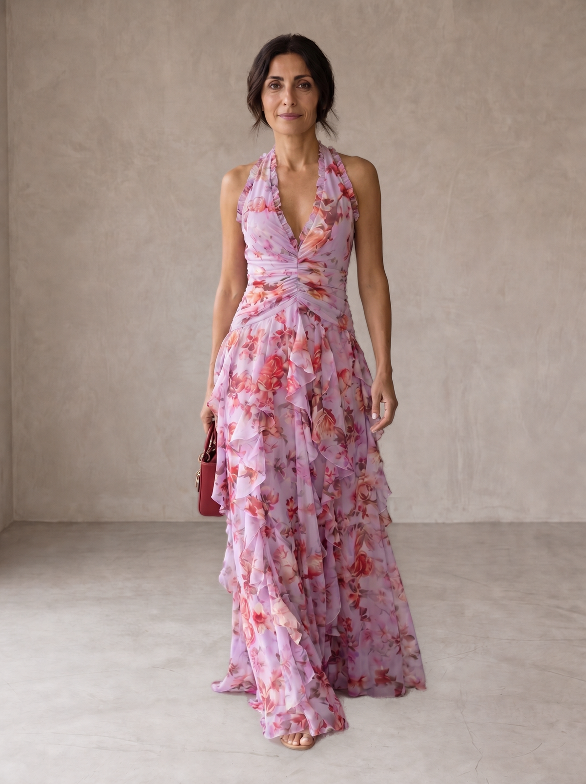 Belladina | Romantica Cascata di Rose Abito lungo con Scollo All'Americana