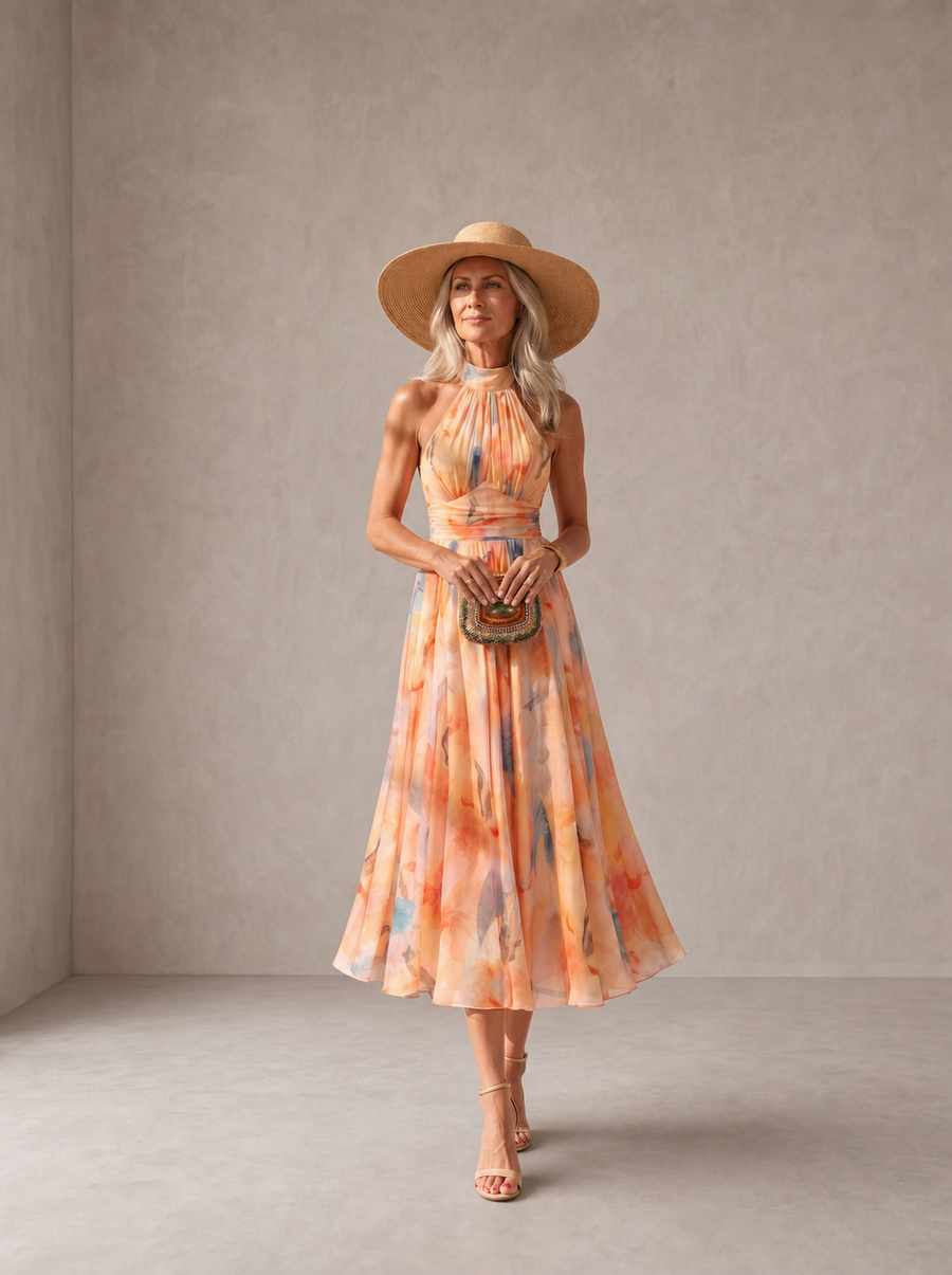 Aurora | Abito con Collo Halter e Stampa Acquerello