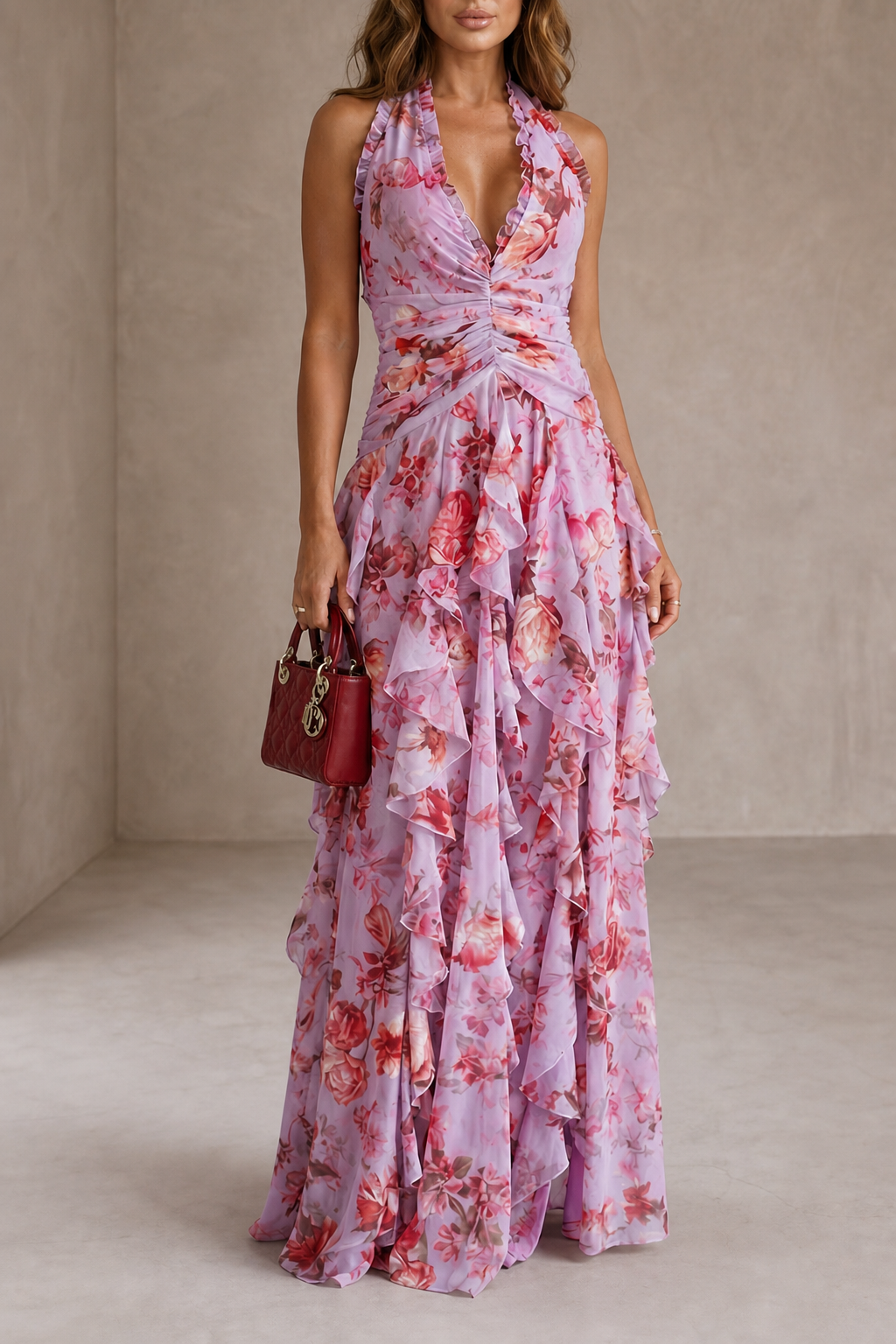 Belladina | Romantica Cascata di Rose Abito lungo con Scollo All'Americana