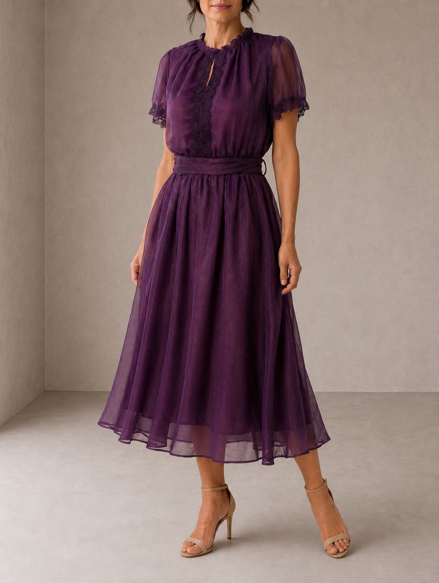Flavia | Maxi Abito con Scollo a Goccia e Bordo in Pizzo Chiffon