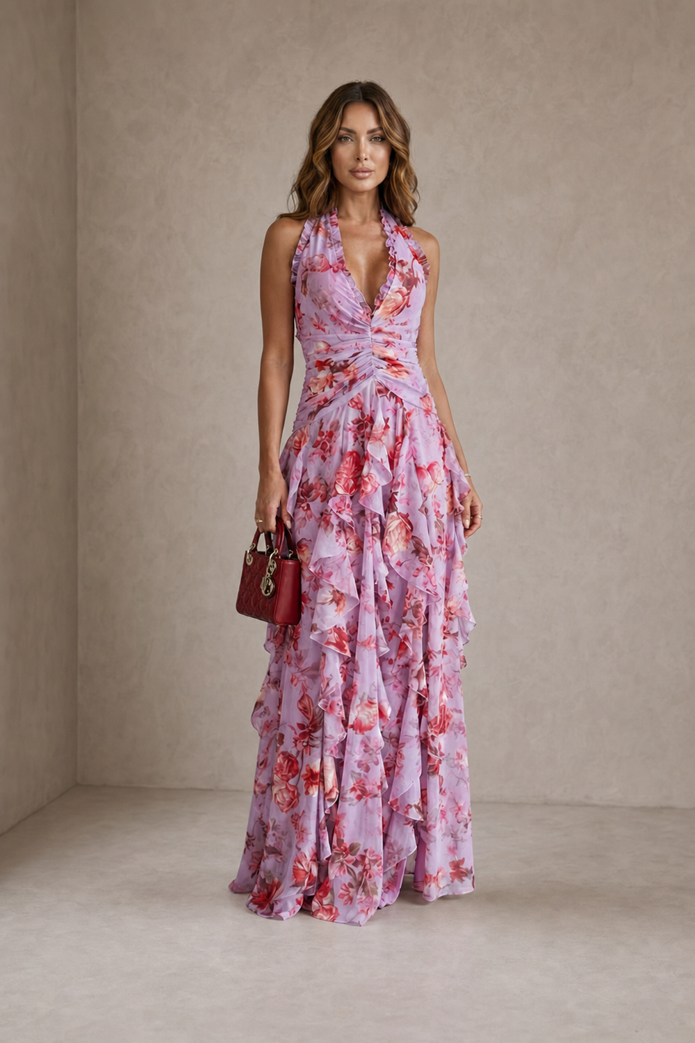 Belladina | Romantica Cascata di Rose Abito lungo con Scollo All'Americana