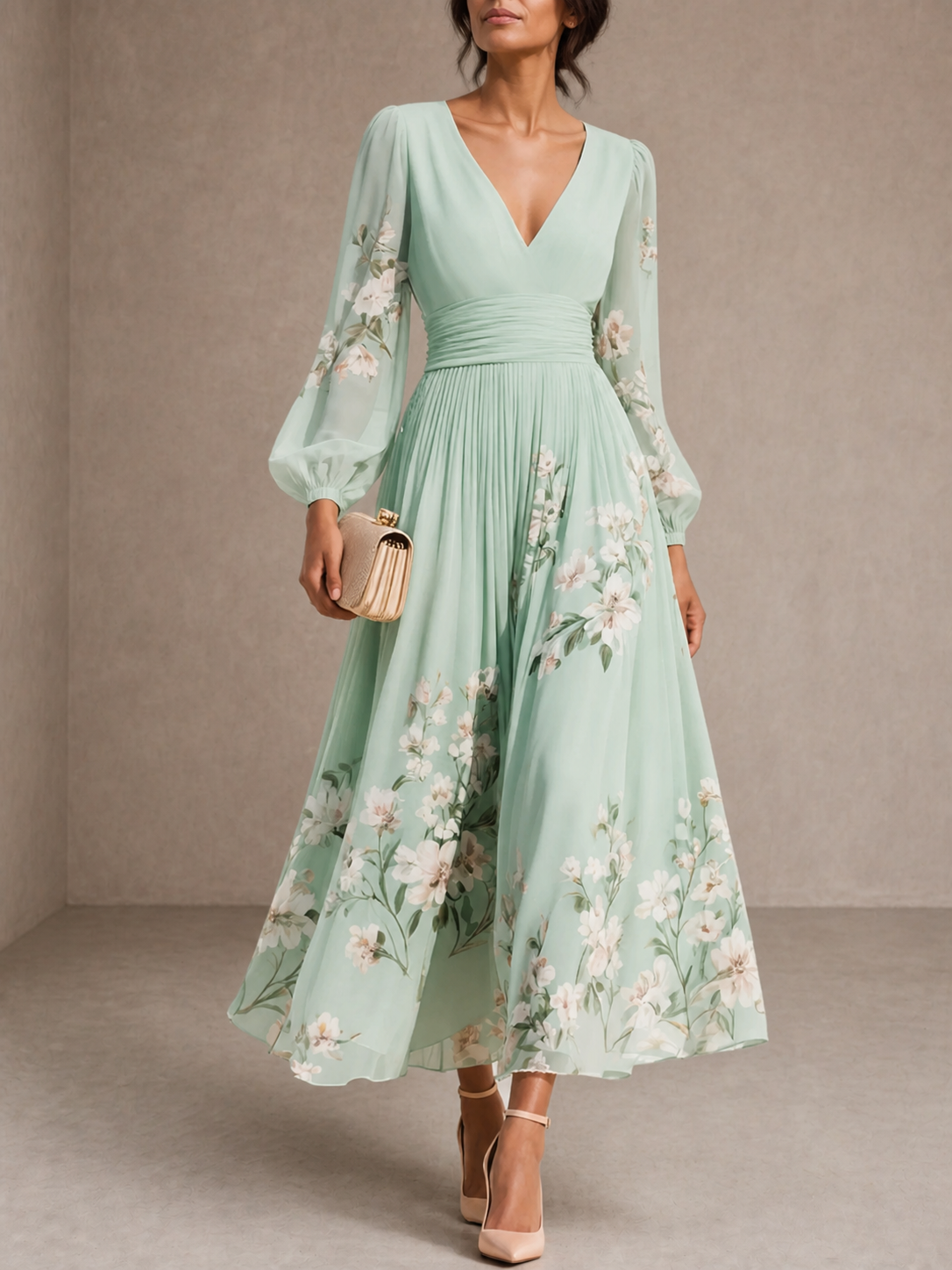 Cisella | Abito midi verde chiaro floreale