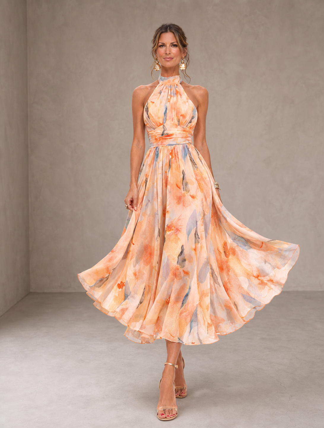 Aurora | Abito con Collo Halter e Stampa Acquerello