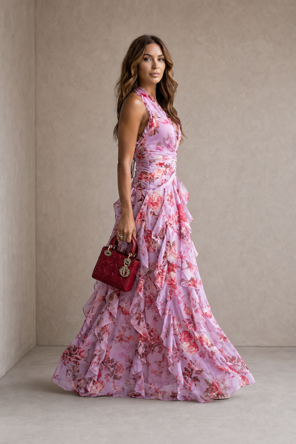 Belladina | Romantica Cascata di Rose Abito lungo con Scollo All'Americana