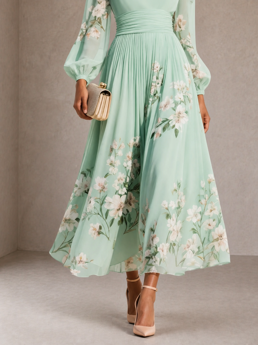 Cisella | Abito midi verde chiaro floreale
