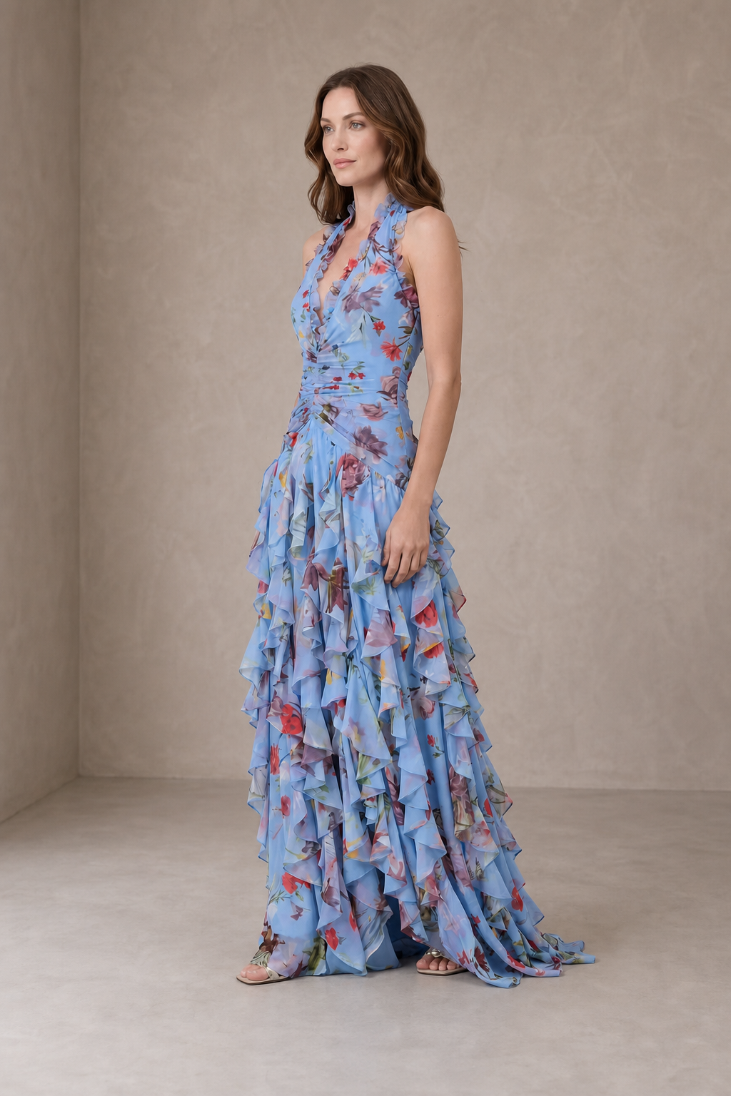 Belladina | Romantica Cascata di Rose Abito lungo con Scollo All'Americana