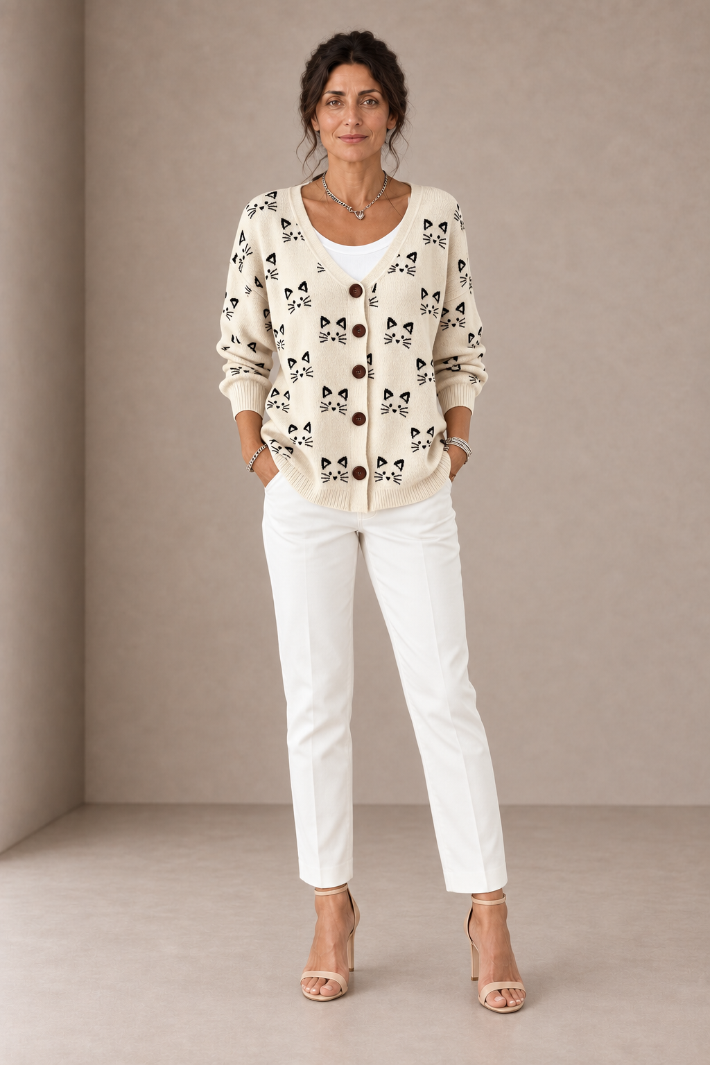 Adele | Cardigan Avorio con Gattini Neri