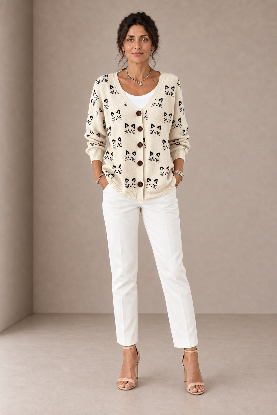 Adele | Cardigan Avorio con Gattini Neri