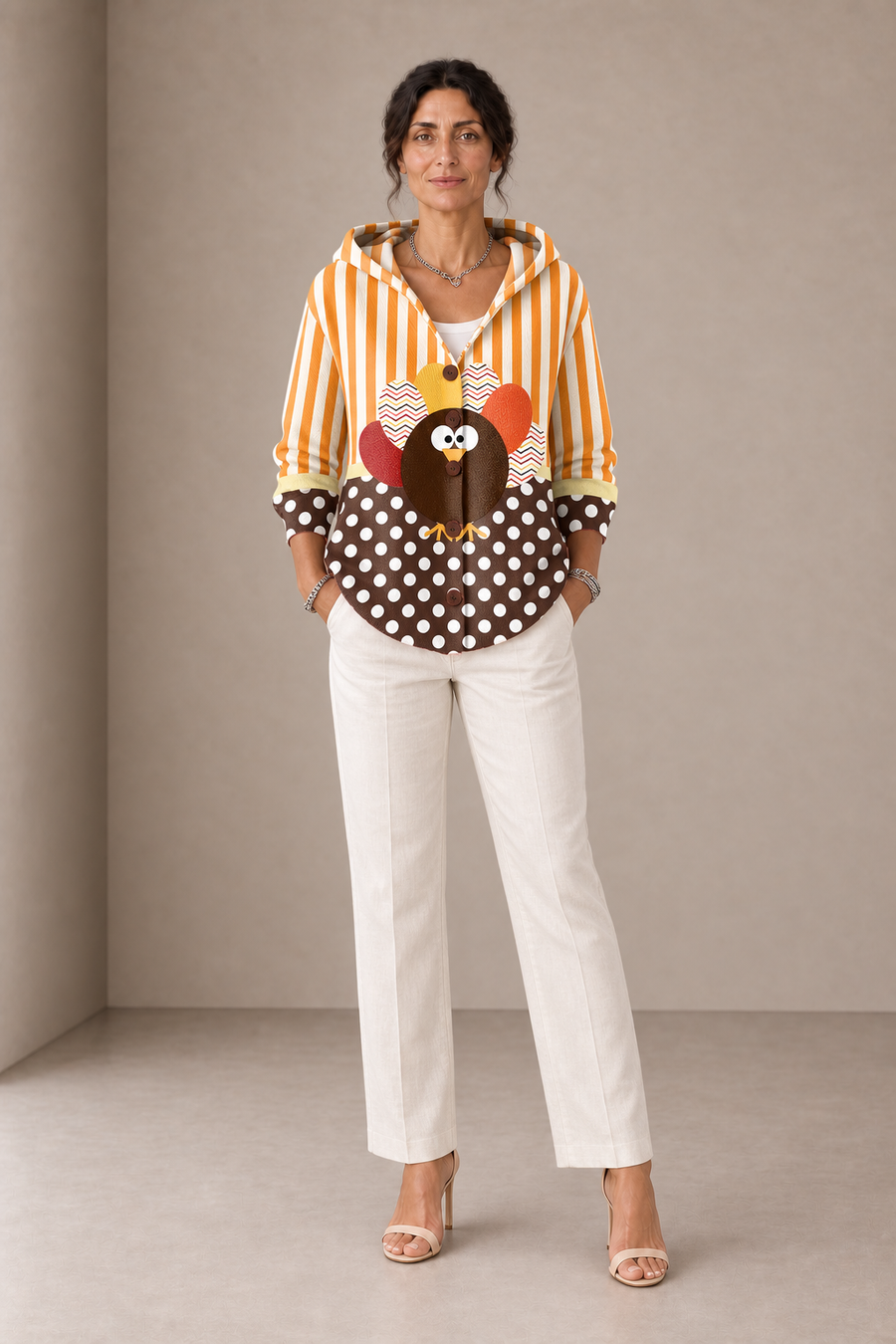 Alba | Cardigan Arancione con Cappuccio e Tacchino