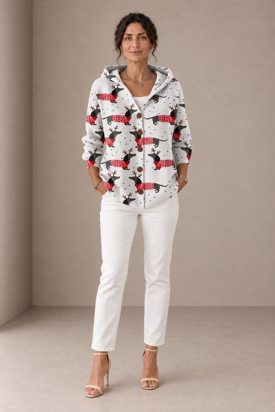 Amabile | Cardigan Bianco Natalizio con Cappuccio