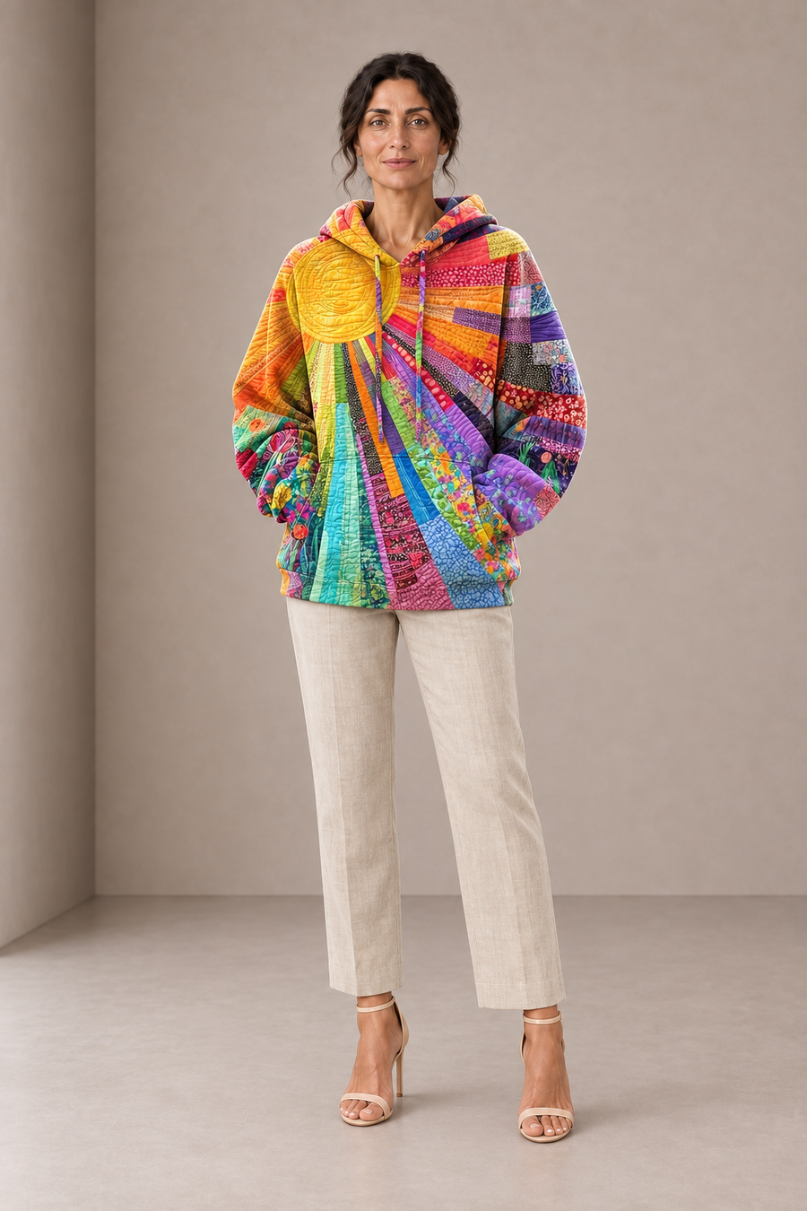 Aurora | Felpa Patchwork Gialla Multicolore con Cappuccio