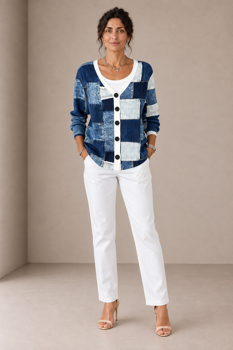 Benedetta | Cardigan Blu Patchwork Effetto Denim