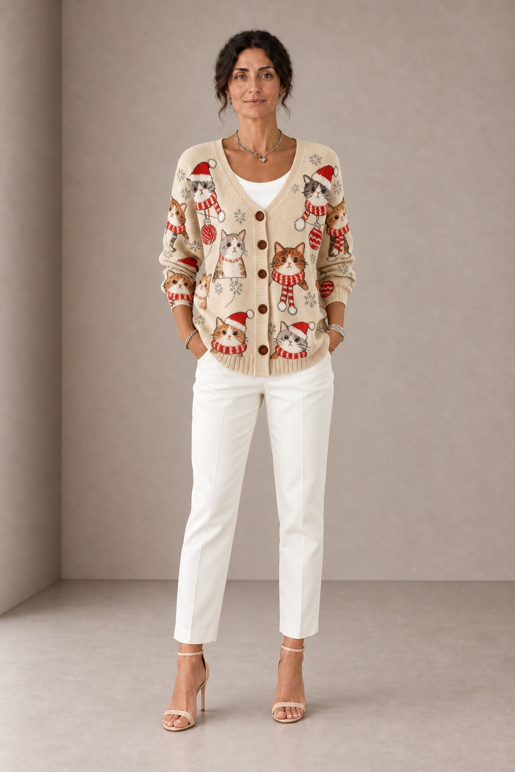 Caterina | Cardigan Beige con Gattini Natalizi