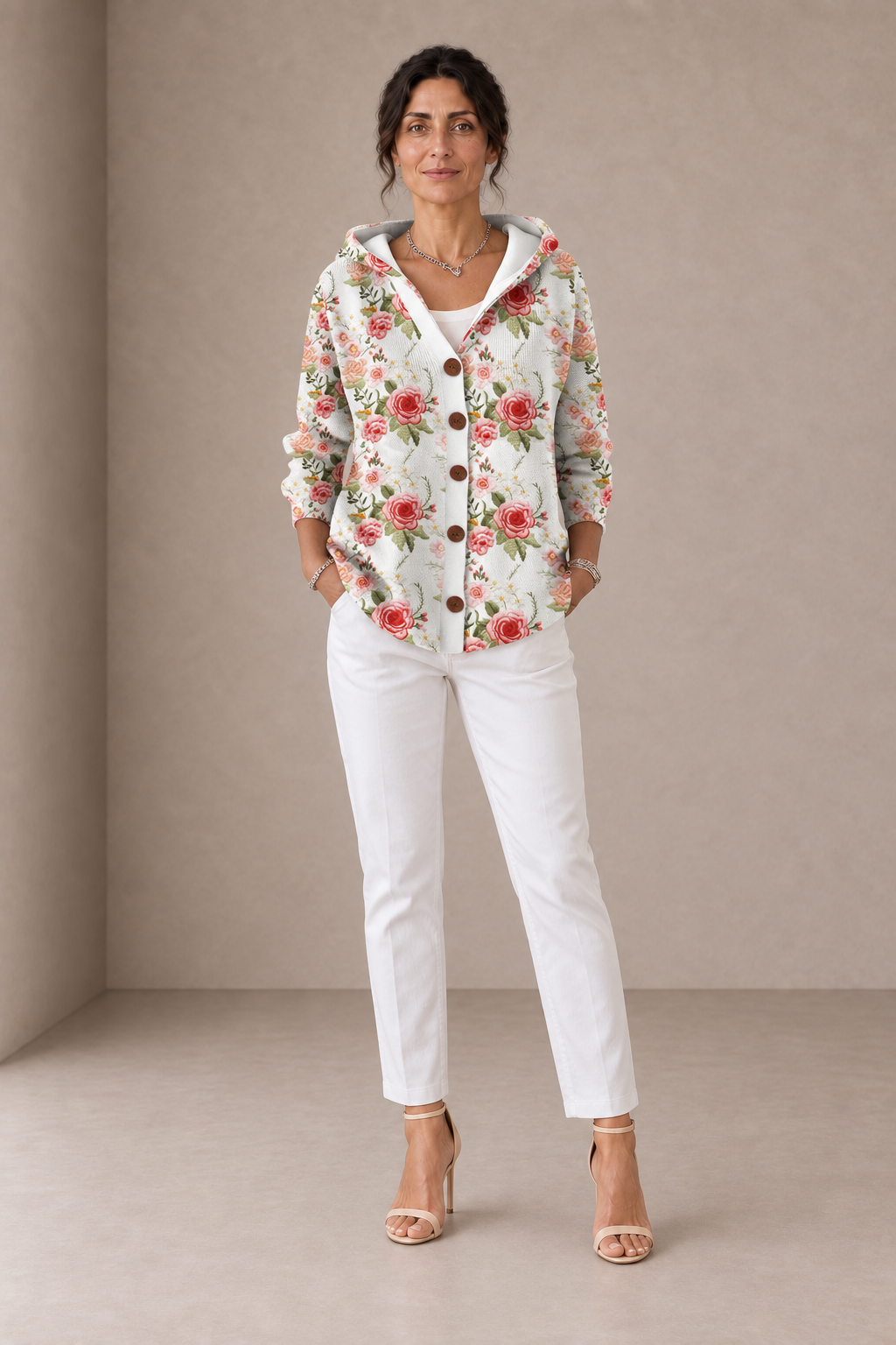 Cesarina | Cardigan Bianco con Cappuccio e Rose