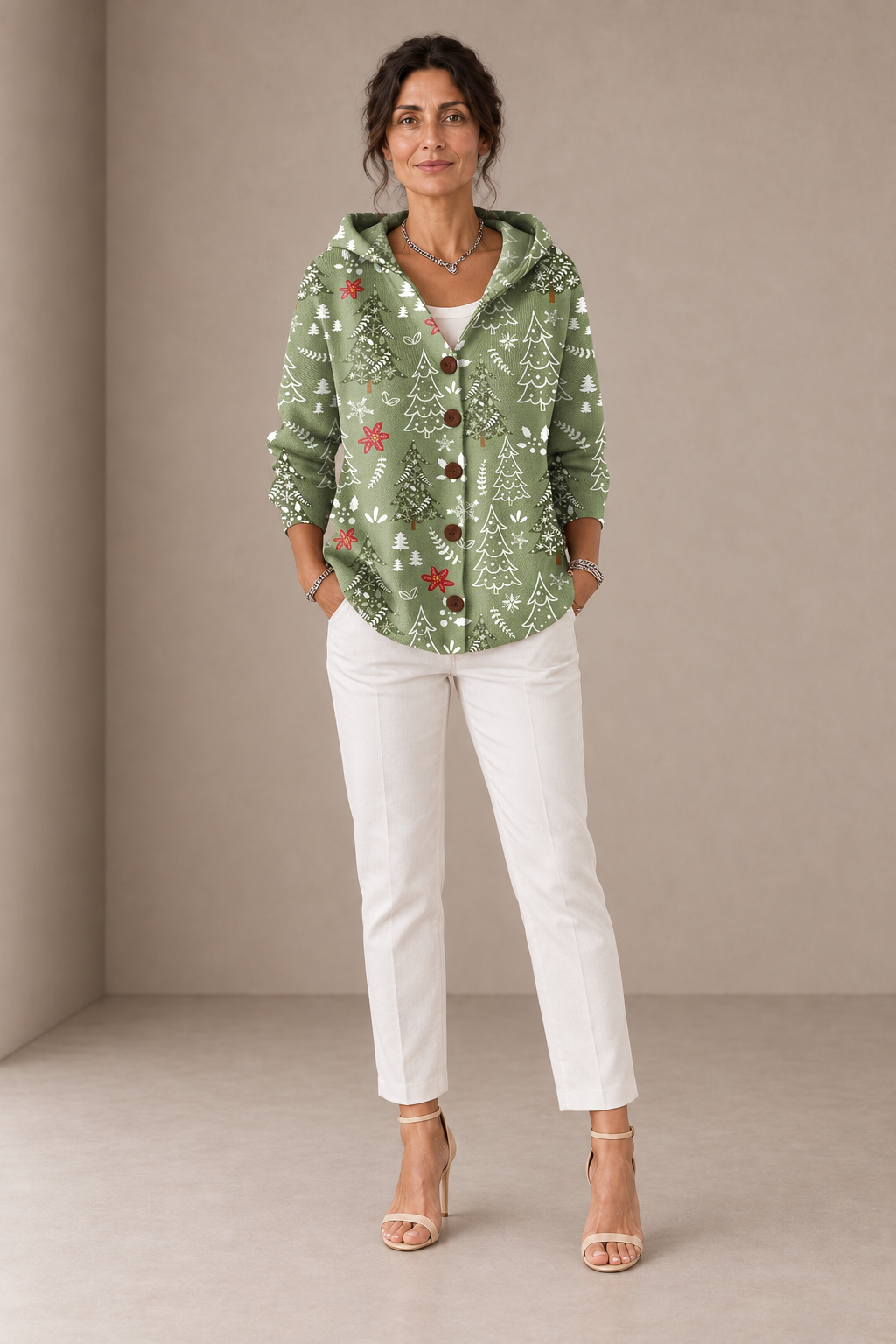 Chiara | Cardigan Verde Natalizio con Cappuccio
