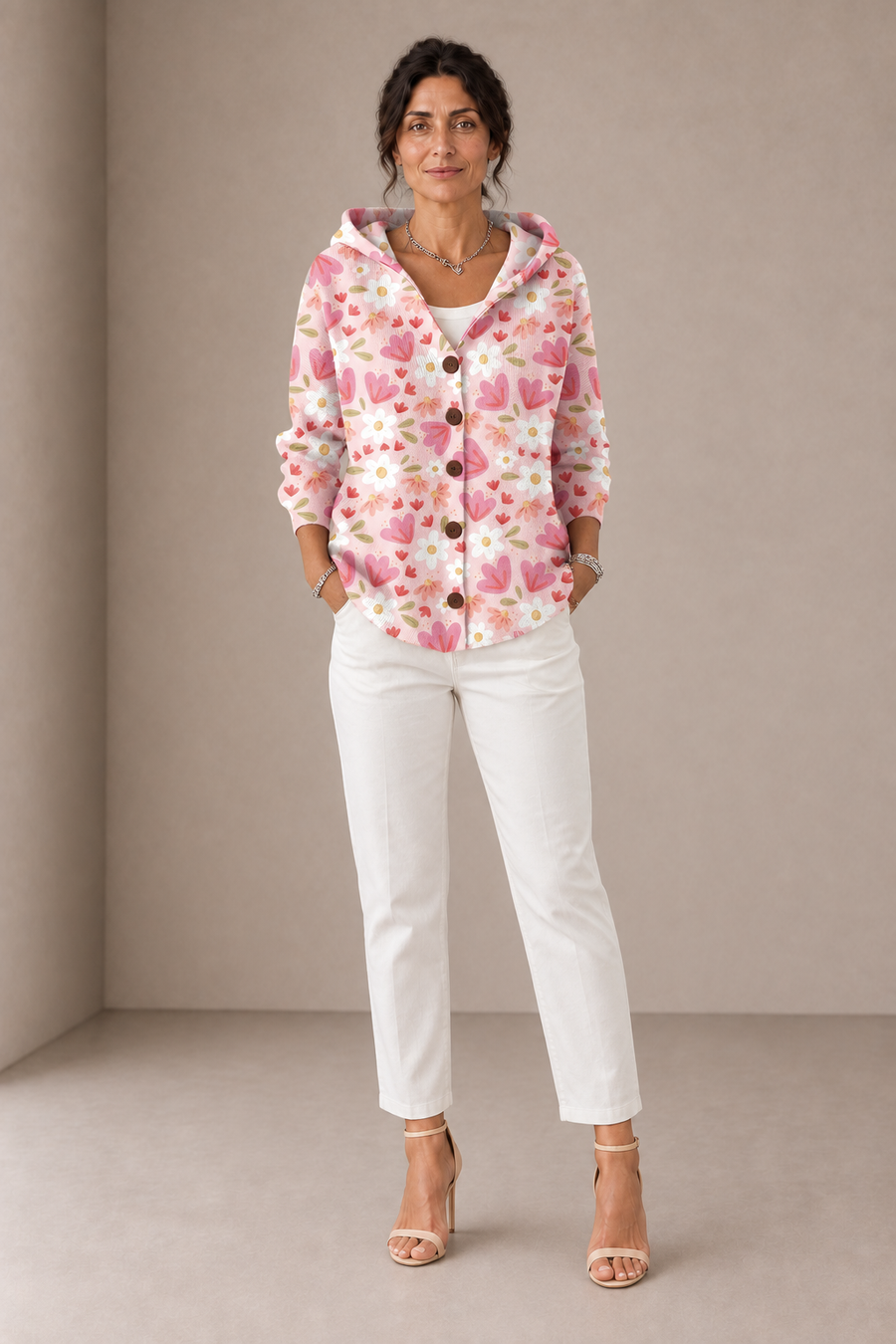 Elsa | Cardigan Rosa con Cappuccio e Margherite
