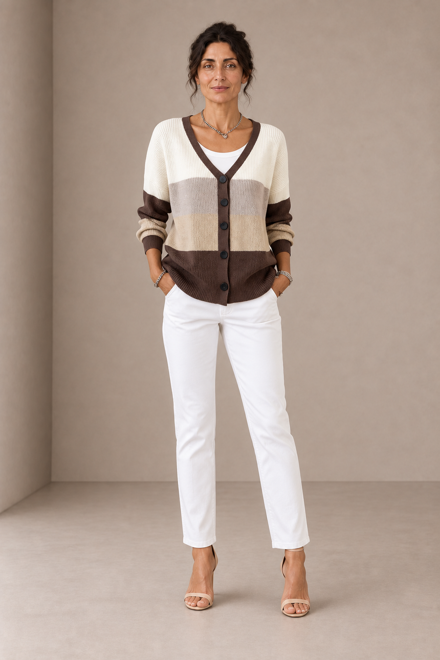 Felicia | Cardigan a Fasce Beige e Marroni