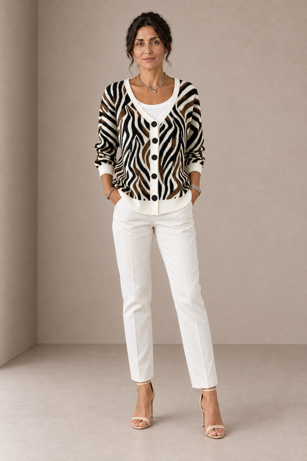 Gemma | Cardigan Zebrato Bianco Nero e Marrone