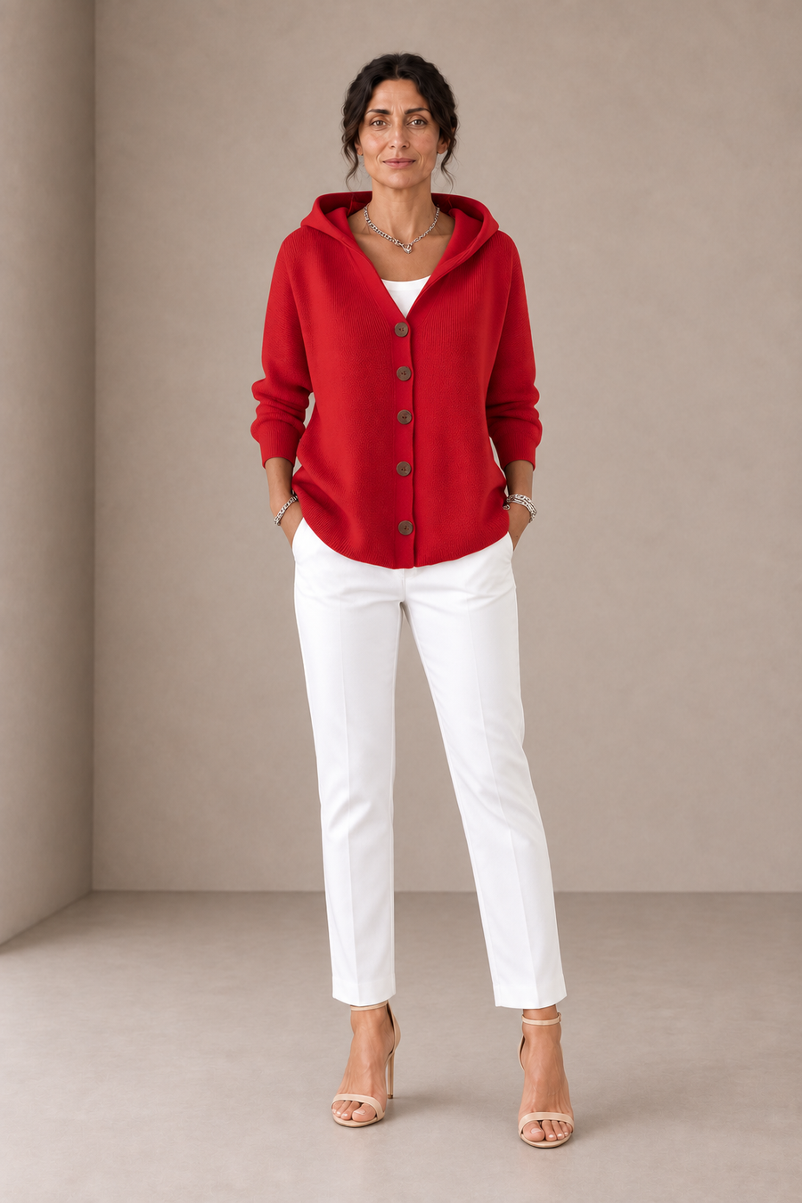 Giuseppa | Cardigan Rosso Unito con Cappuccio
