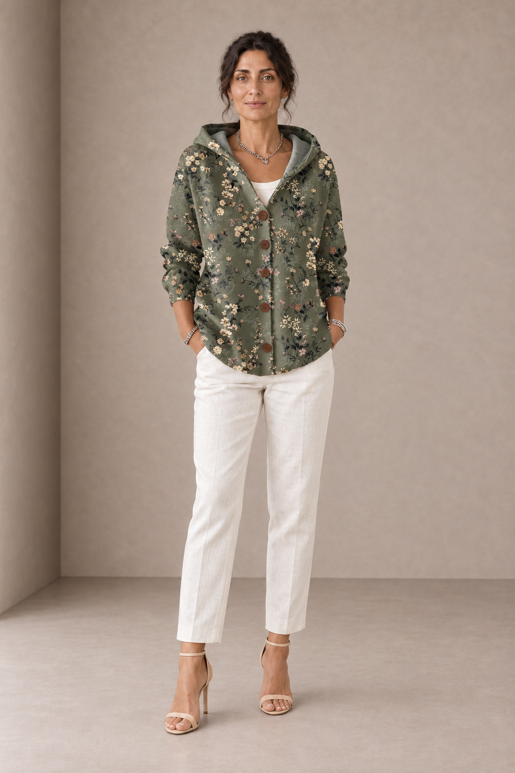 Gloria | Cardigan Verde Floreale con Cappuccio