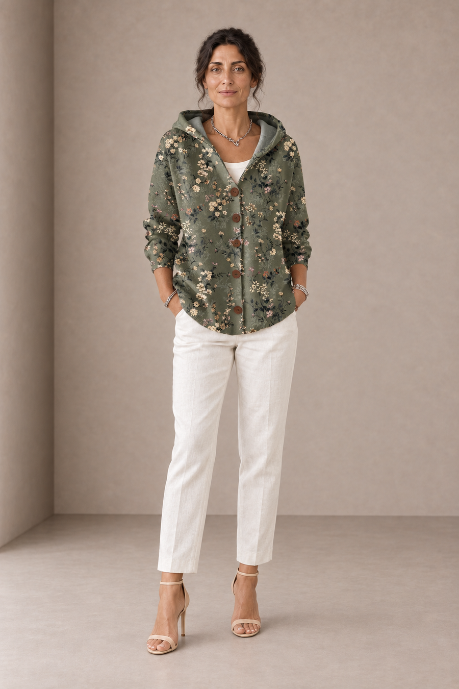 Gloria | Cardigan Verde Floreale con Cappuccio