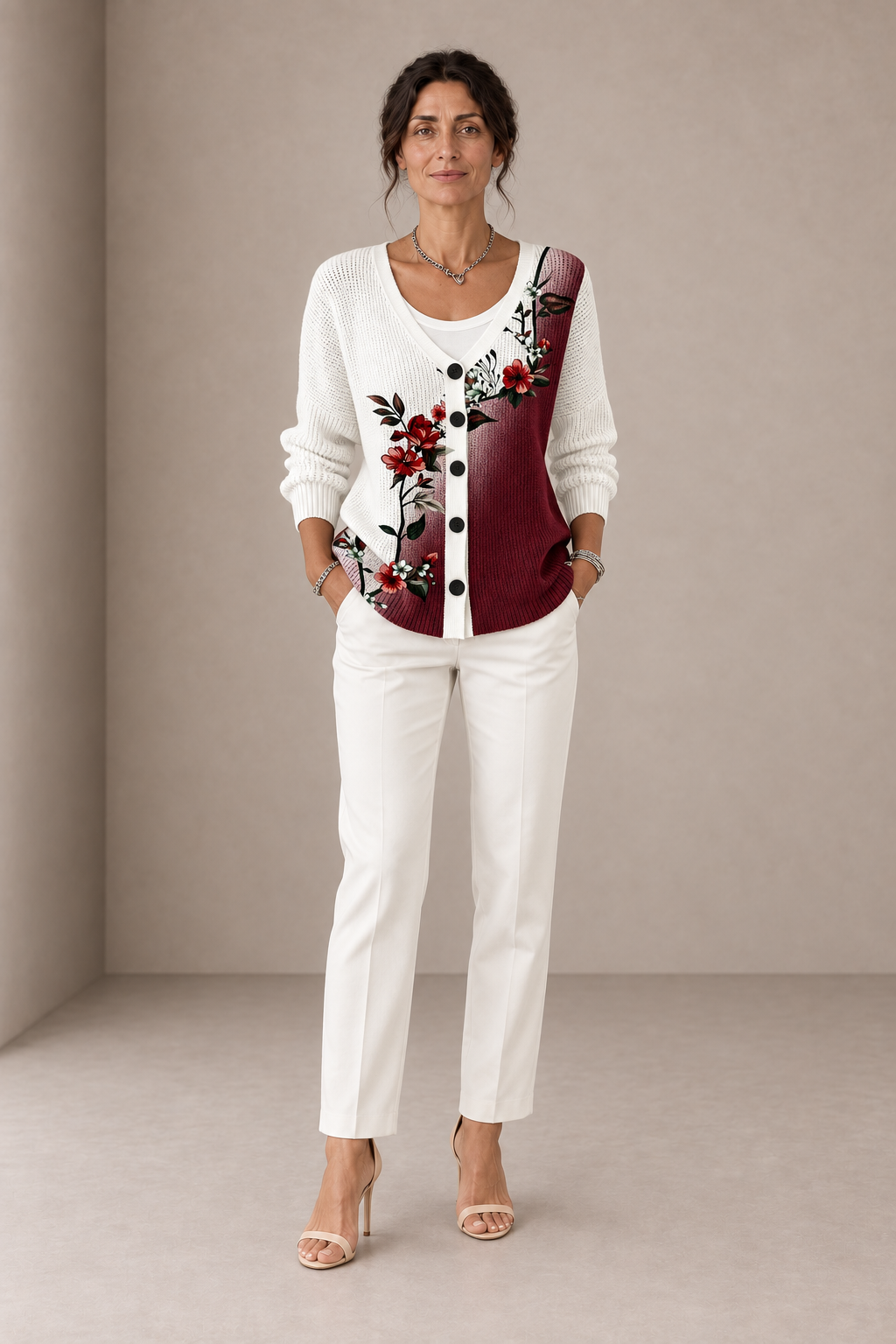 Incoronata | Cardigan Floreale Bianco e Bordeaux