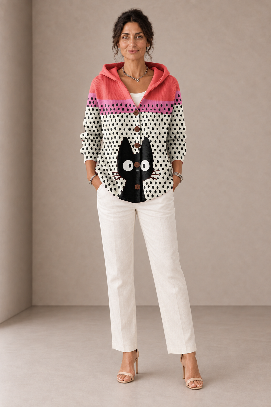Loreta | Cardigan Corallo con Cappuccio e Gatto