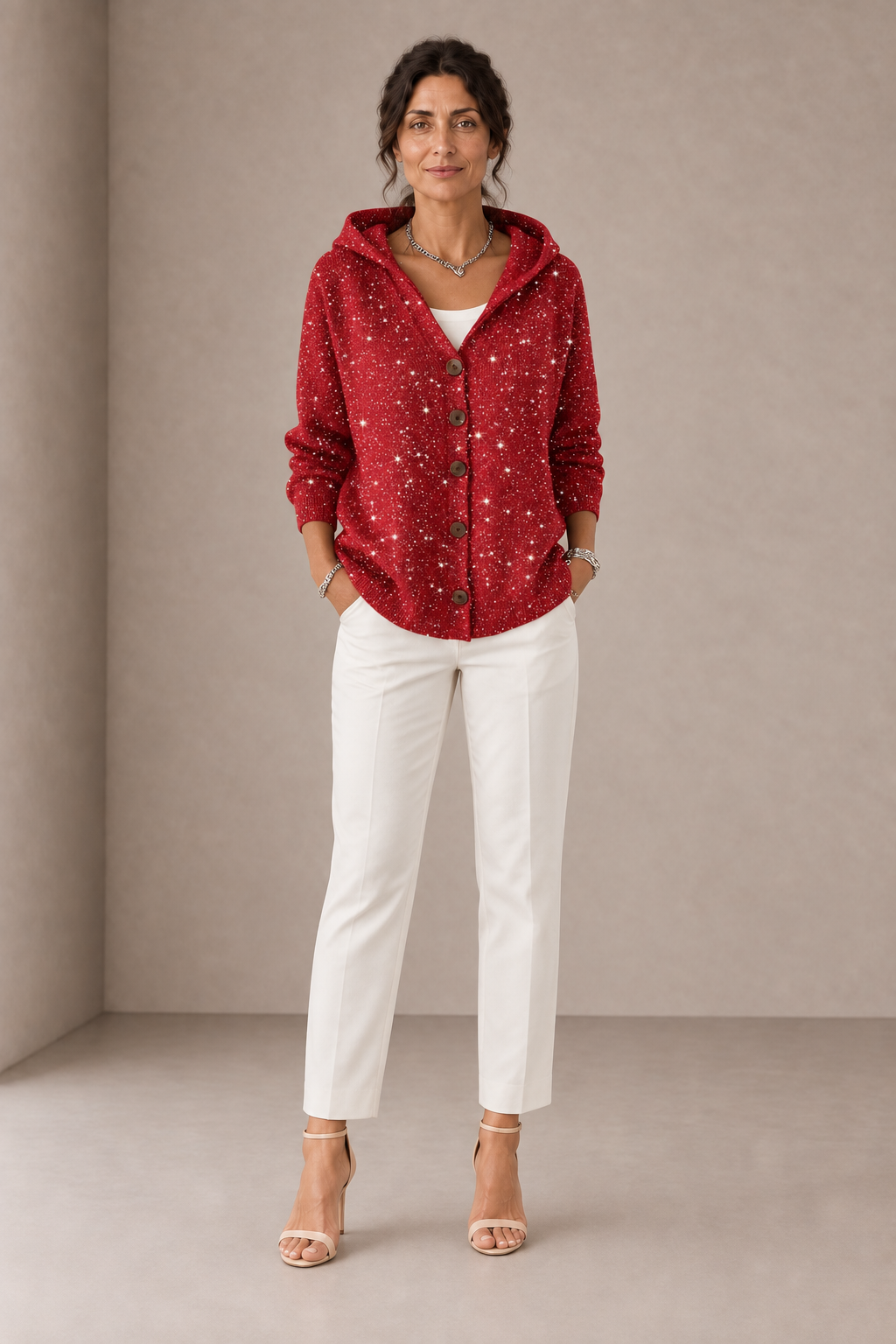 Manuela | Cardigan Rosso Effetto Glitter con Cappuccio