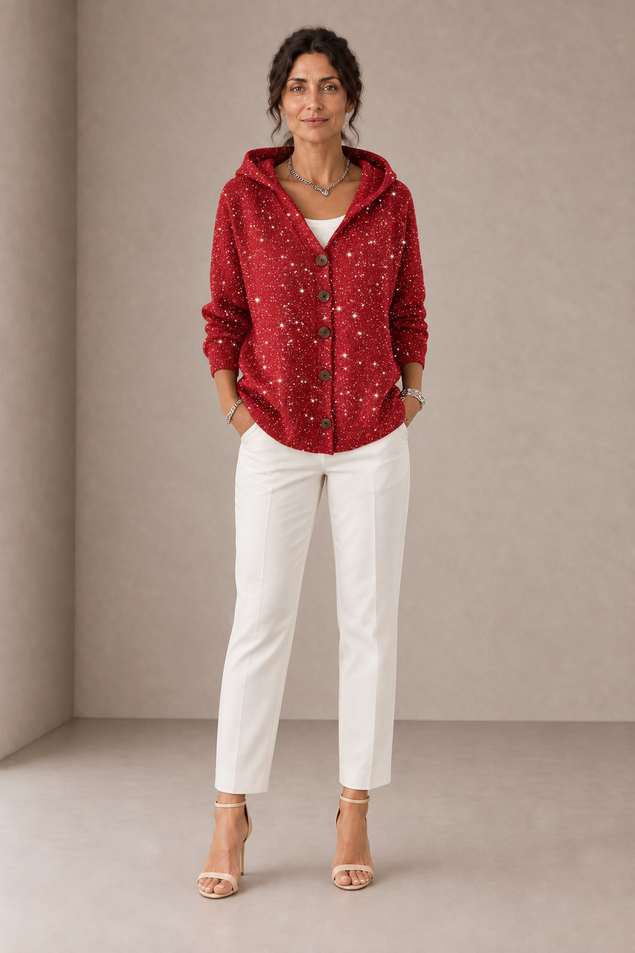 Manuela | Cardigan Rosso Effetto Glitter con Cappuccio