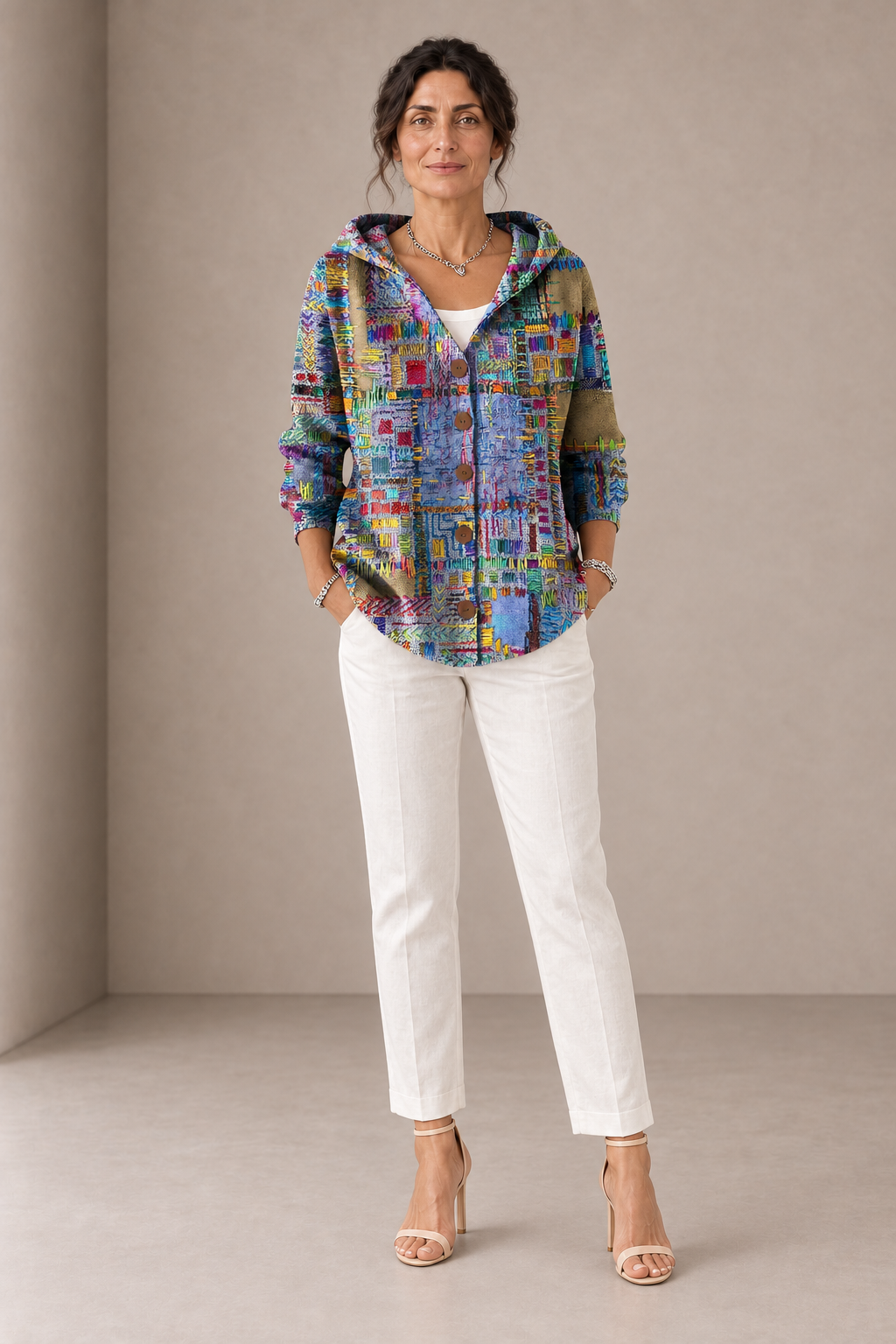 Marinella | Cardigan Blu Patchwork con Cappuccio