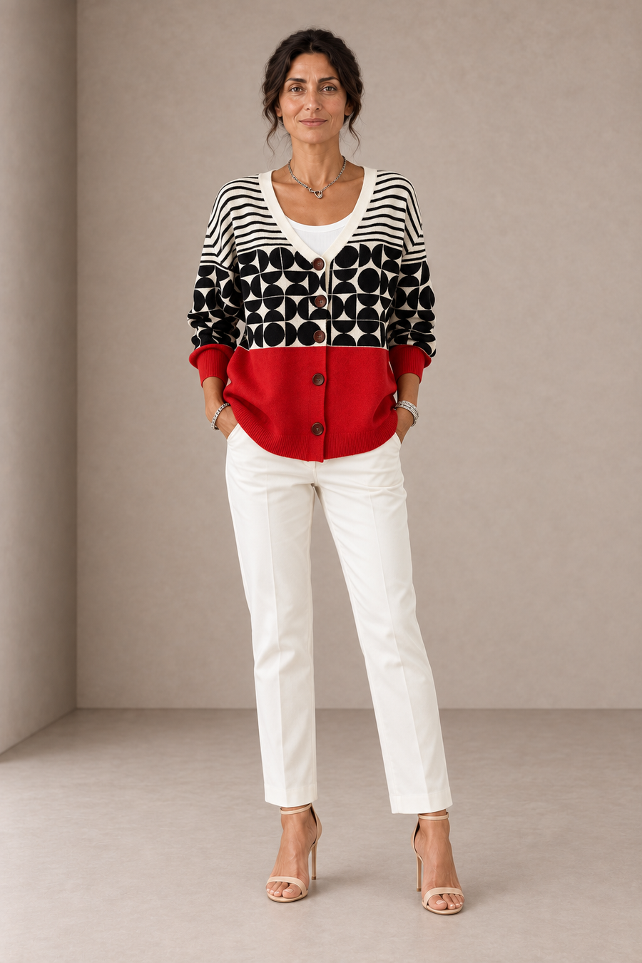 Matilde | Cardigan Geometrico Rosso Nero e Avorio