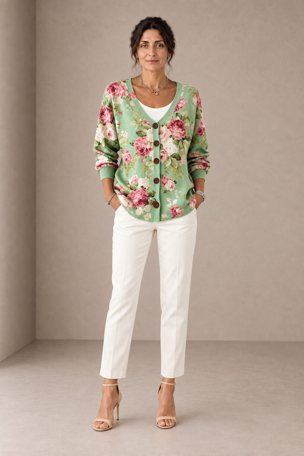 Olga | Cardigan Verde Menta con Rose Rosa