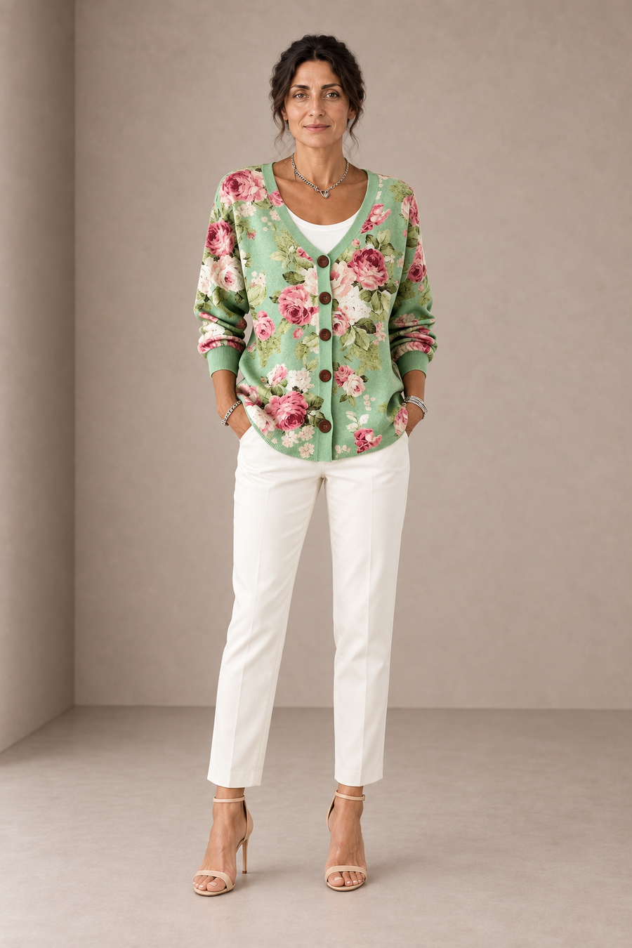 Olga | Cardigan Verde Menta con Rose Rosa