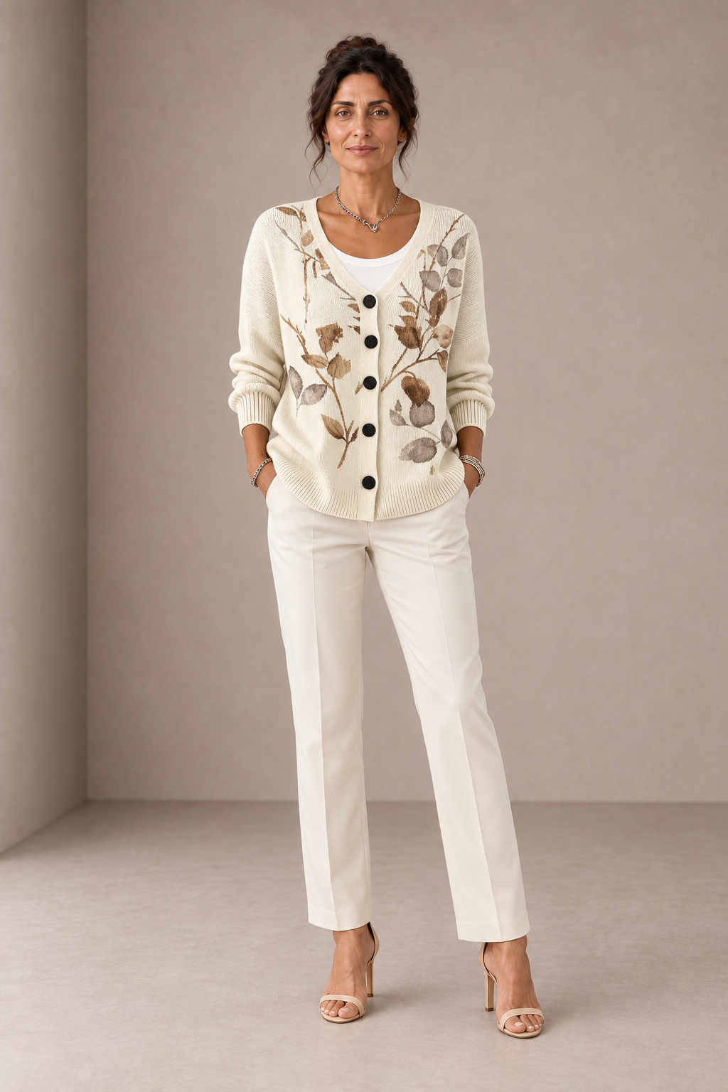 Patrizia | Cardigan Avorio con Foglie Marroni