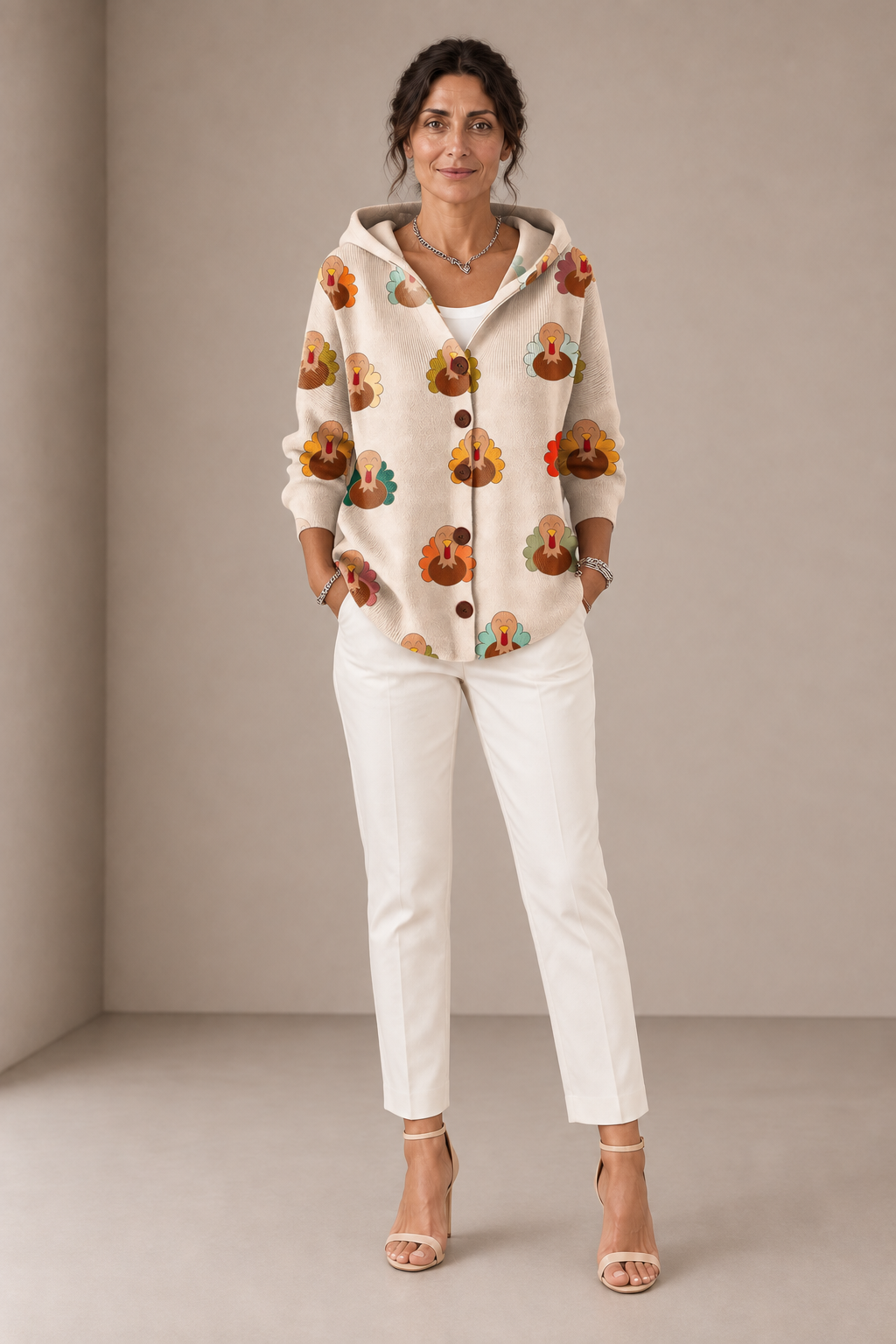 Pierina | Cardigan Beige con Cappuccio e Tacchini