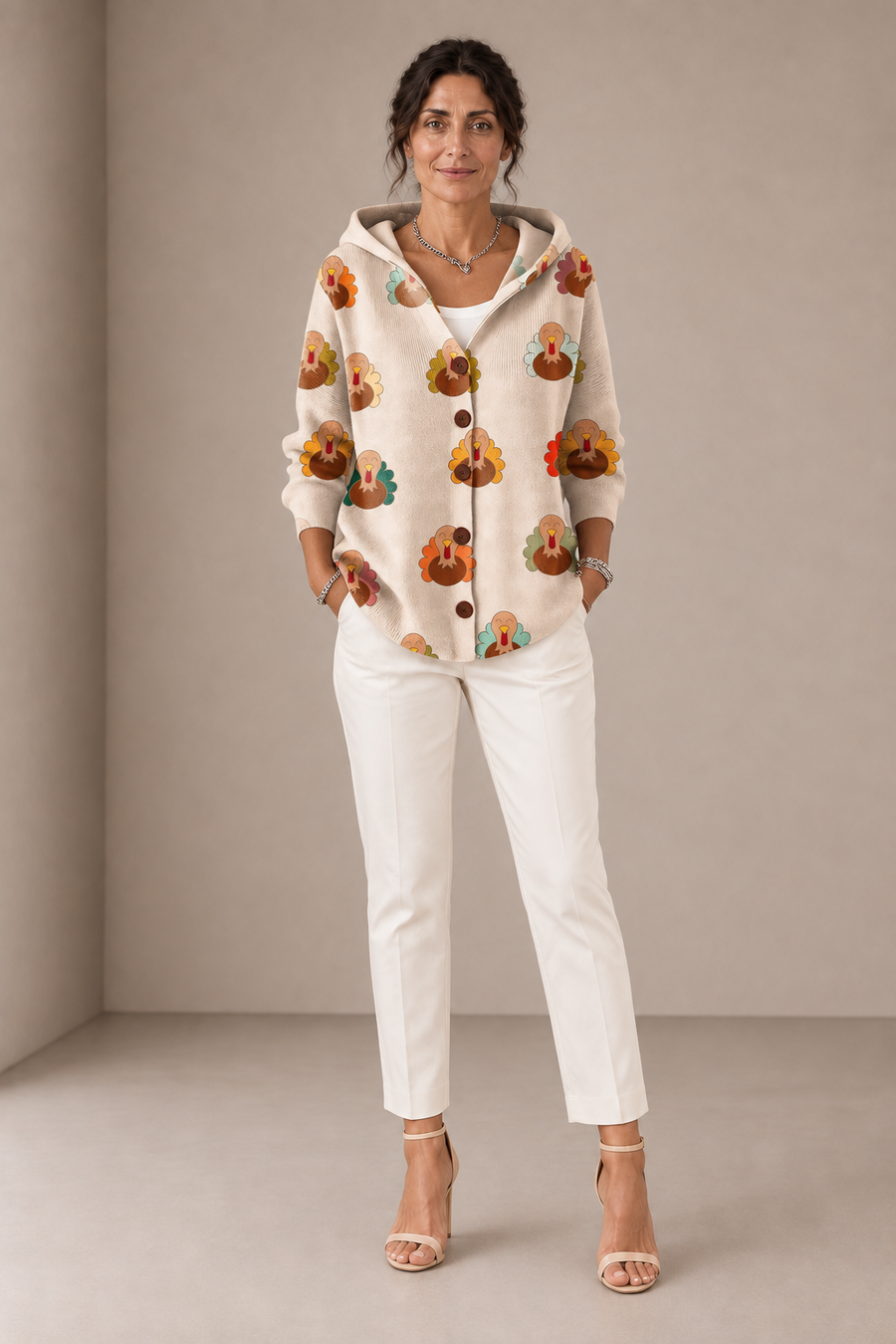 Pierina | Cardigan Beige con Cappuccio e Tacchini