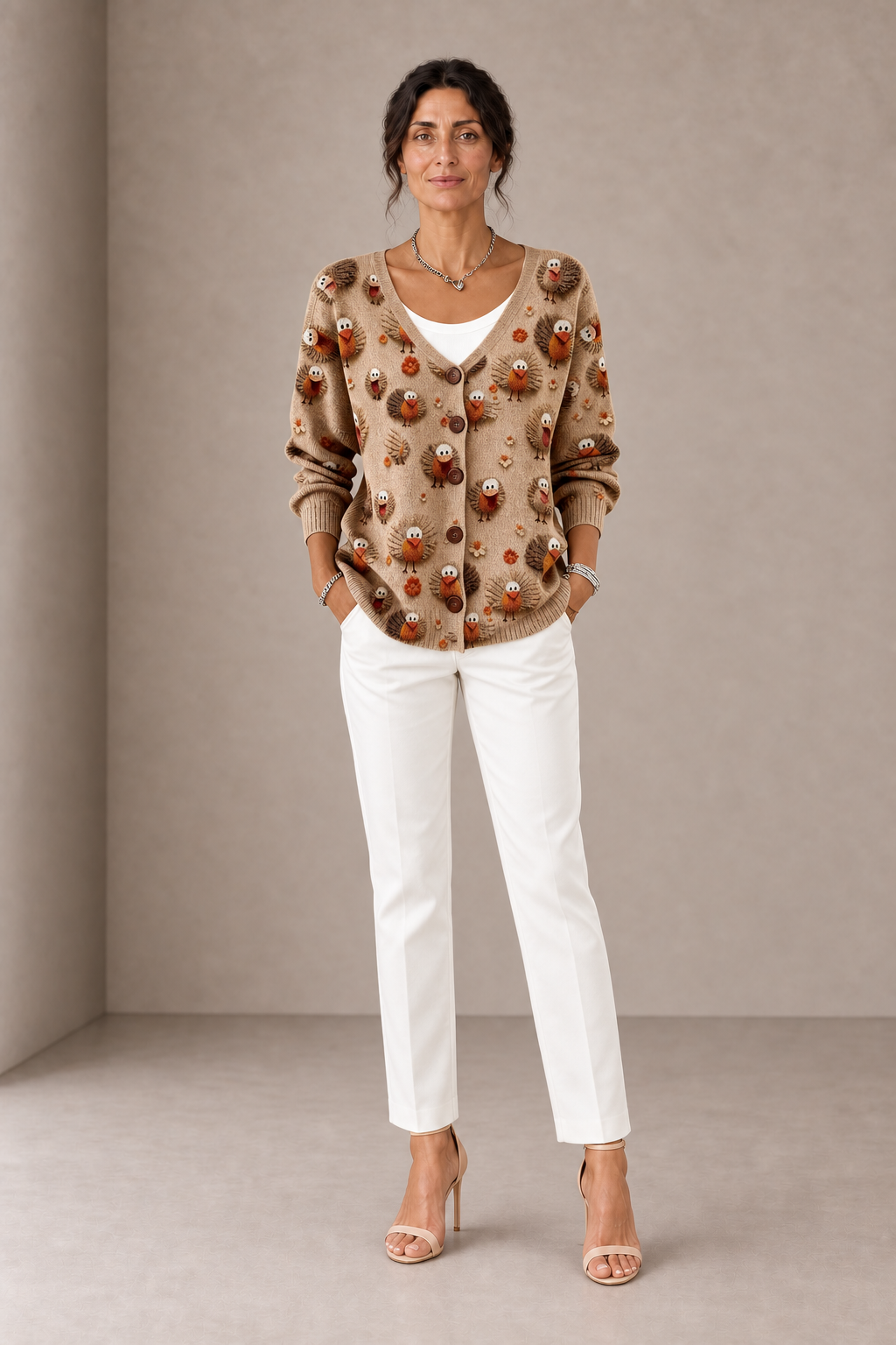 Ramona | Cardigan Cammello con Motivi di Tacchini