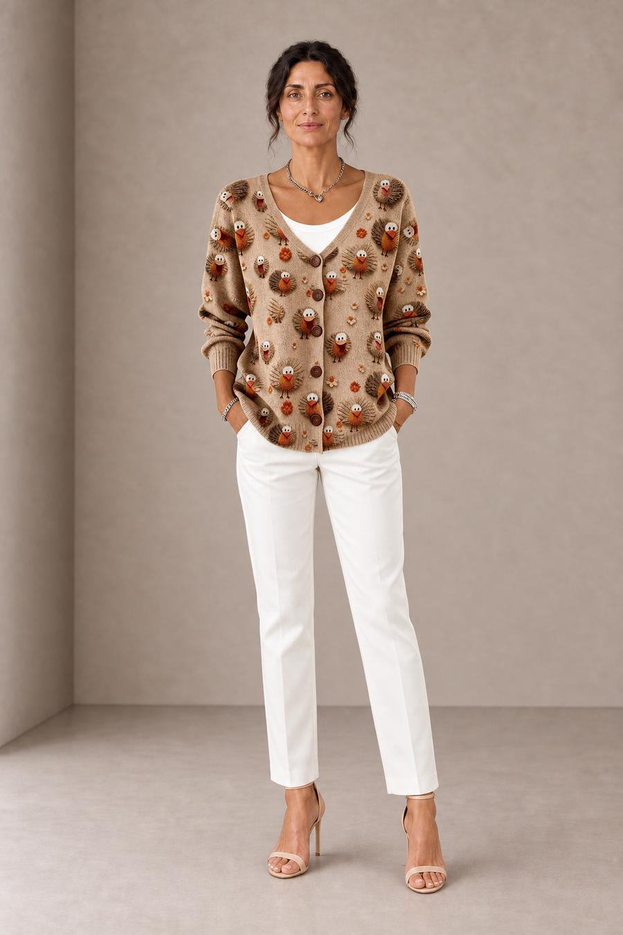 Ramona | Cardigan Cammello con Motivi di Tacchini