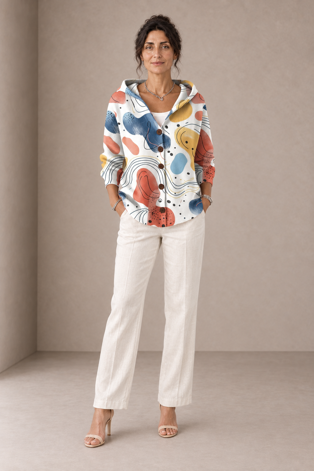 Stella | Cardigan Bianco Astratto con Cappuccio