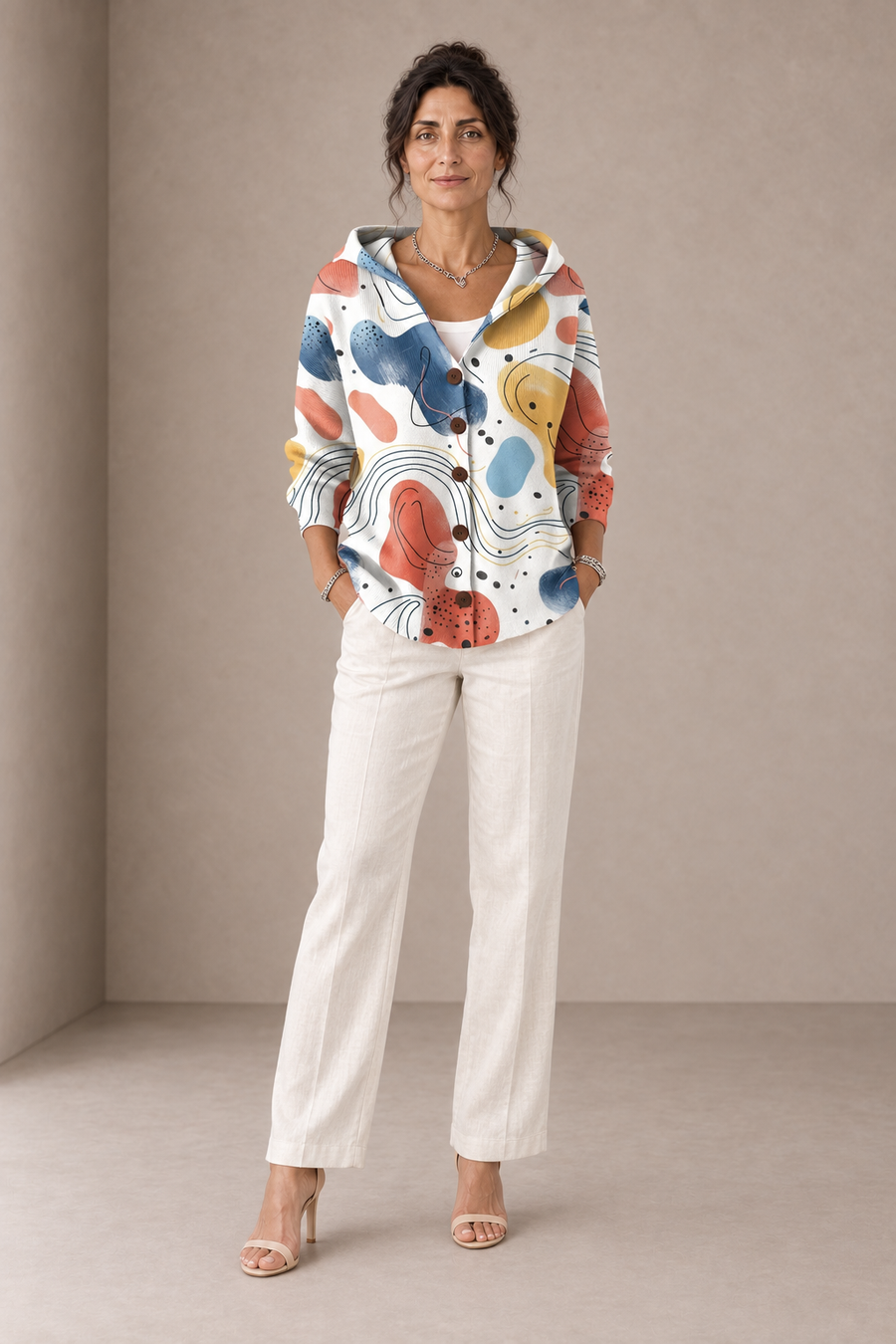 Stella | Cardigan Bianco Astratto con Cappuccio